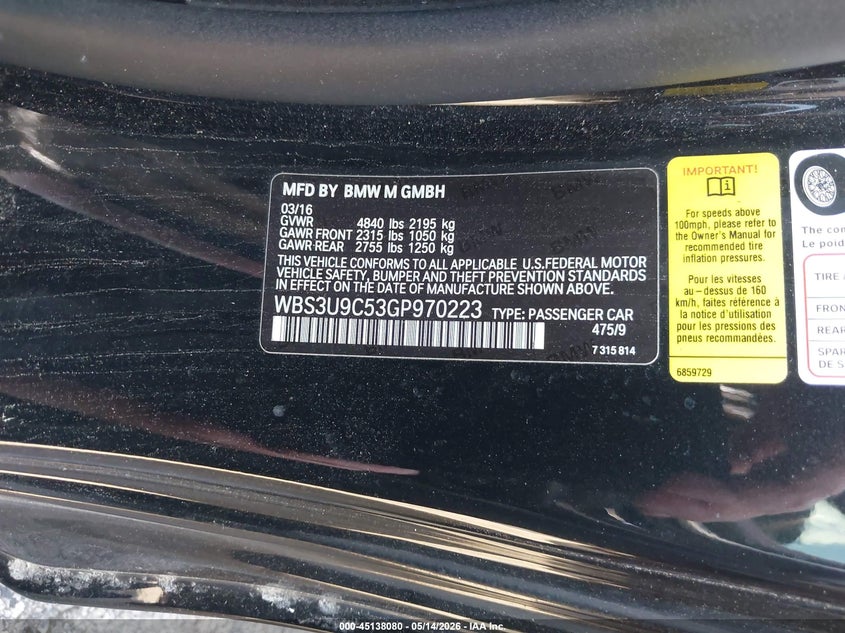 2016 BMW M4 VIN WBS3U9C53GP970223 IAAI salvage auction — NORMAL WEAR, Clear (Indiana), sold $15,225 on 2026-07-14 (photo 9)