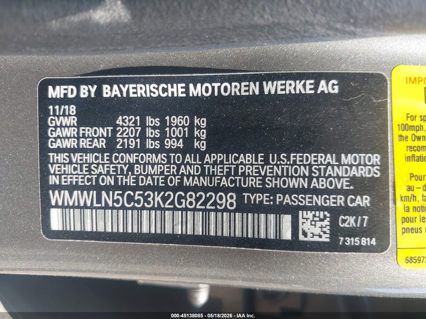 2019 Mini Clubman VIN WMWLN5C53K2G82298 IAAI salvage auction — FRONT END, Salvage (West Virginia), sold $2,500 on 2026-07-18 (photo 9)