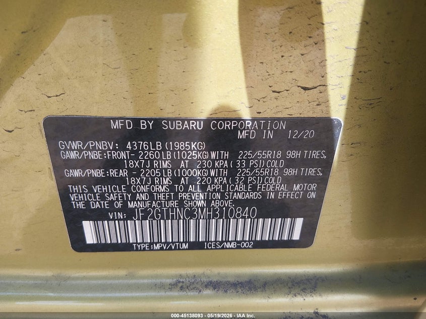 2021 Subaru Xv VIN JF2GTHNC3MH310840 IAAI salvage auction — SIDE, Salvage (Idaho), sold $4,100 on 2026-07-23 (photo 9)