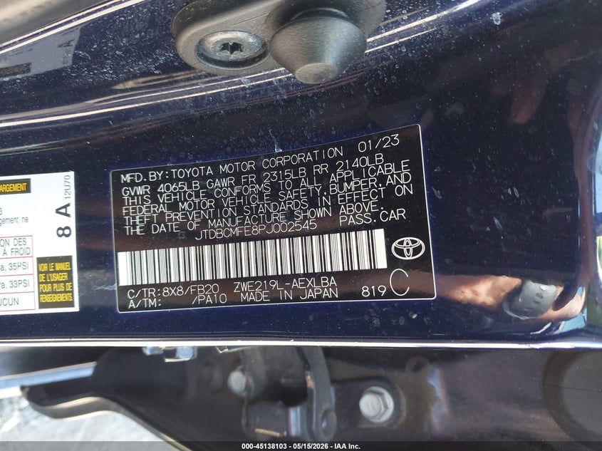 2023 Toyota Corolla VIN JTDBCMFE8PJ002545 IAAI salvage auction — FRONT END, Salvage (Georgia), sold $4,900 on 2026-07-29 (photo 9)