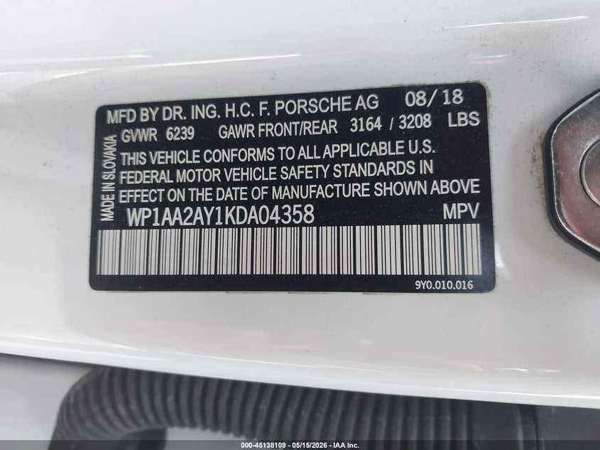 2019 Porsche Cayenne VIN WP1AA2AY1KDA04358 IAAI salvage auction — LEFT FRONT, Salvage (California), sold $13,775 on 2026-08-12 (photo 9)