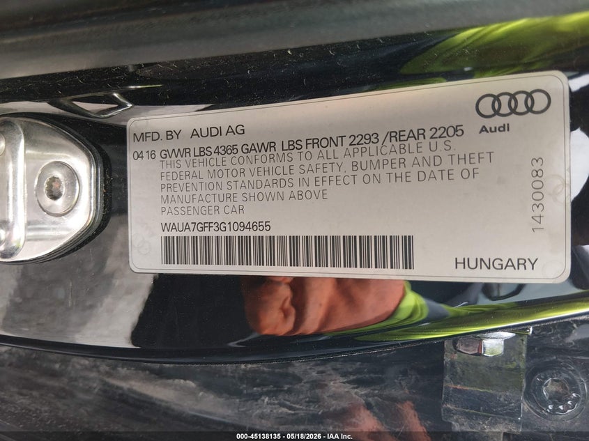 2016 Audi A3 VIN WAUA7GFF3G1094655 IAAI salvage auction — WATER/FLOOD, Certificate Of Destruction (Louisiana), sold $900 on 2026-07-22 (photo 9)
