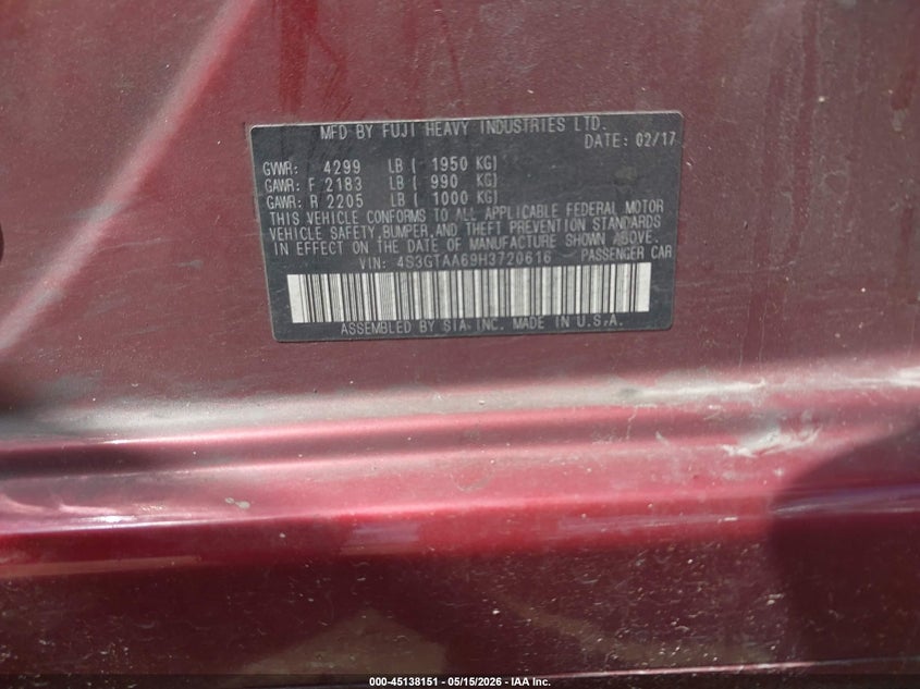 2017 Subaru Impreza VIN 4S3GTAA69H3720616 IAAI salvage auction — LEFT SIDE, Salvage Title, sold $1,425 on 2026-09-30 (photo 9)