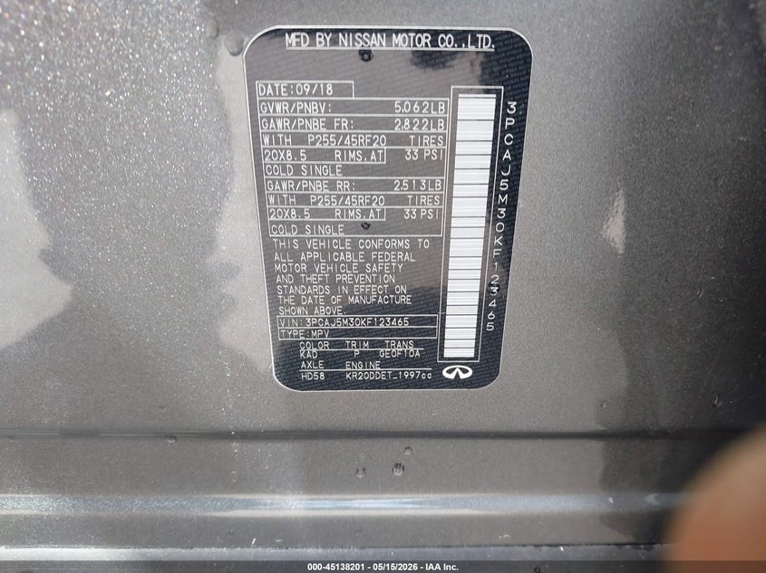 2019 Infiniti Qx50 VIN 3PCAJ5M30KF123465 IAAI salvage auction — UNKNOWN, Salvage - Greater Than 75% (Maryland), sold $7,275 on 2026-07-23 (photo 9)
