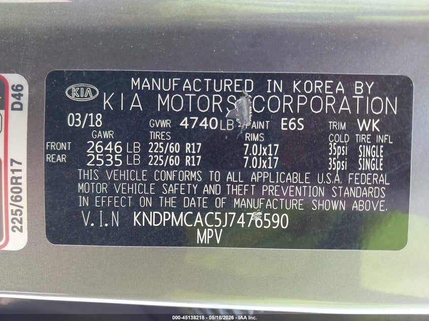 2018 Kia Sportage VIN KNDPMCAC5J7476590 IAAI salvage auction — FRONT & REAR, Salvage (Ohio), sold $2,500 on 2026-07-09 (photo 9)