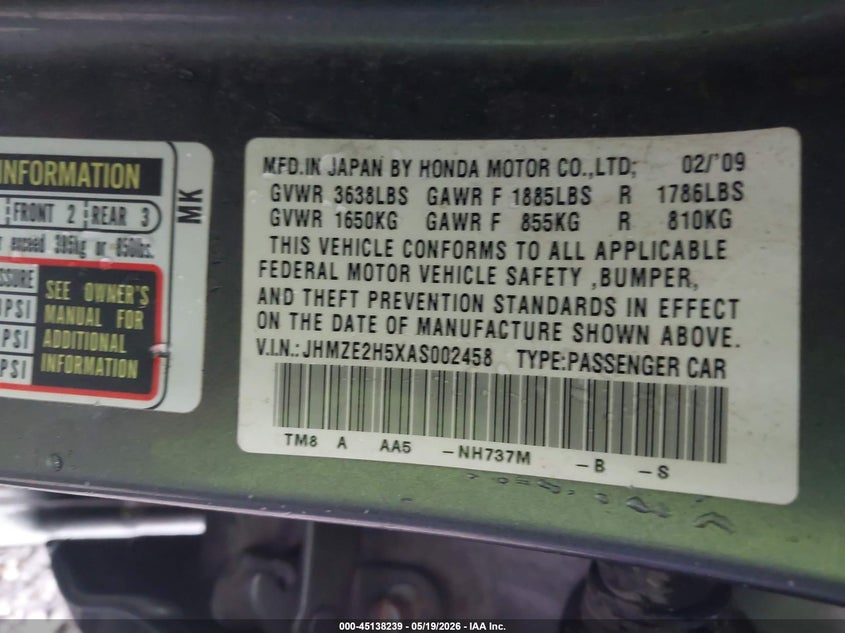 2010 Honda Insight VIN JHMZE2H5XAS002458 IAAI salvage auction — HAIL, Clear (Missouri), sold $250 on 2026-07-20 (photo 9)