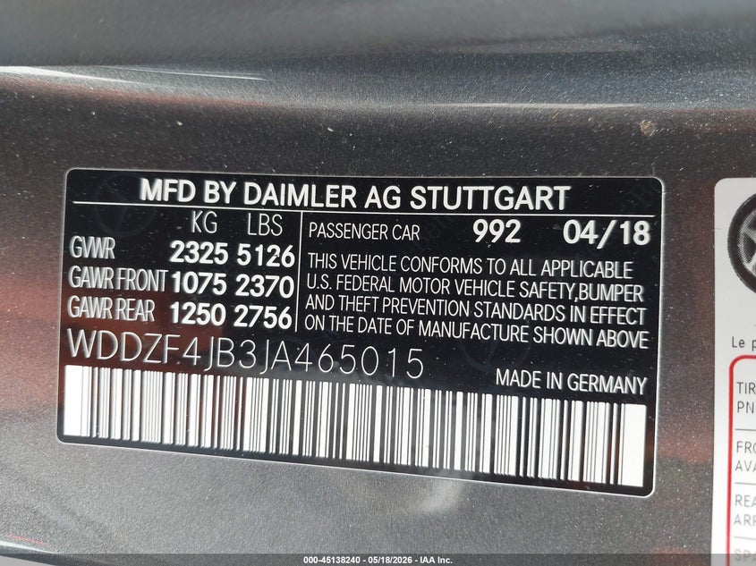 2018 Mercedes-benz E-klasse VIN WDDZF4JB3JA465015 IAAI salvage auction — LEFT FRONT, Original (Texas), sold $9,300 on 2026-07-29 (photo 9)