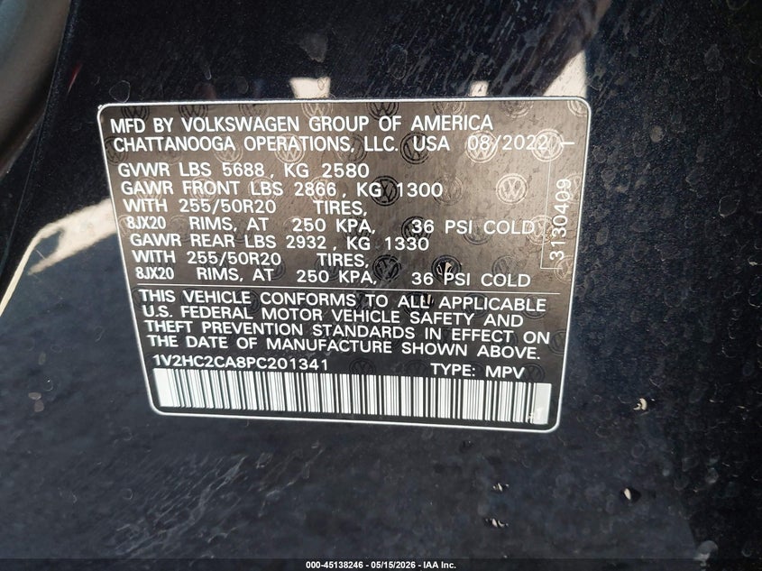 2023 Volkswagen Atlas cross sport VIN 1V2HC2CA8PC201341 IAAI salvage auction — FRONT END, Original (Texas), sold $9,200 on 2026-07-10 (photo 9)
