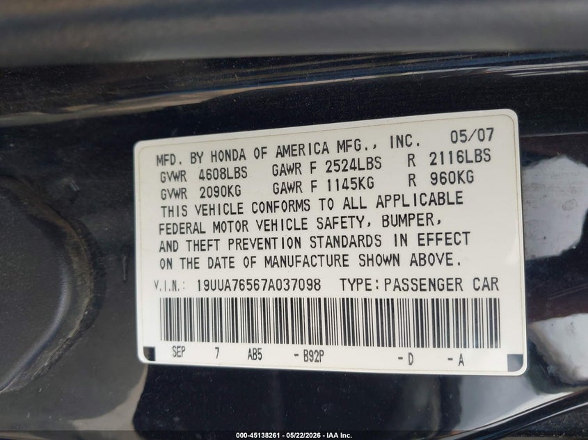 2007 Acura Tl VIN 19UUA76567A037098 IAAI salvage auction — NORMAL WEAR, Salvage (Texas), sold $575 on 2026-07-09 (photo 9)