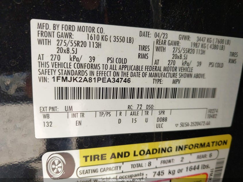 2023 Ford Expedition VIN 1FMJK2A81PEA34746 IAAI salvage auction — FRONT END, Salvage (North Carolina), sold $14,600 on 2026-07-09 (photo 9)
