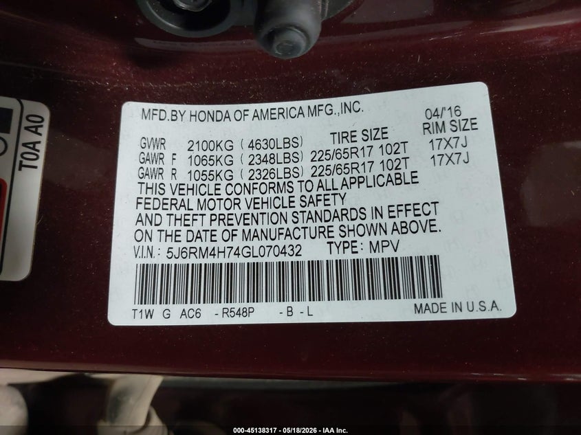 2016 Honda Cr-v VIN 5J6RM4H74GL070432 IAAI salvage auction — FRONT END, Salvage (North Dakota), sold $3,300 on 2026-07-24 (photo 9)