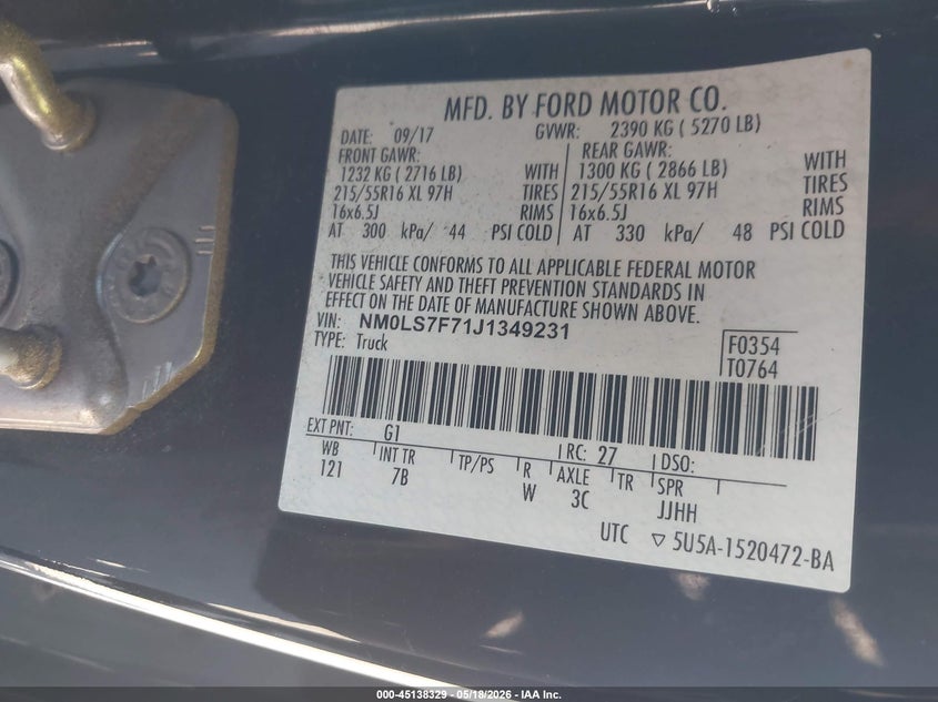 2018 Ford Transit VIN NM0LS7F71J1349231 IAAI salvage auction — NORMAL WEAR, Clear (California), sold $25 on 2026-07-21 (photo 9)
