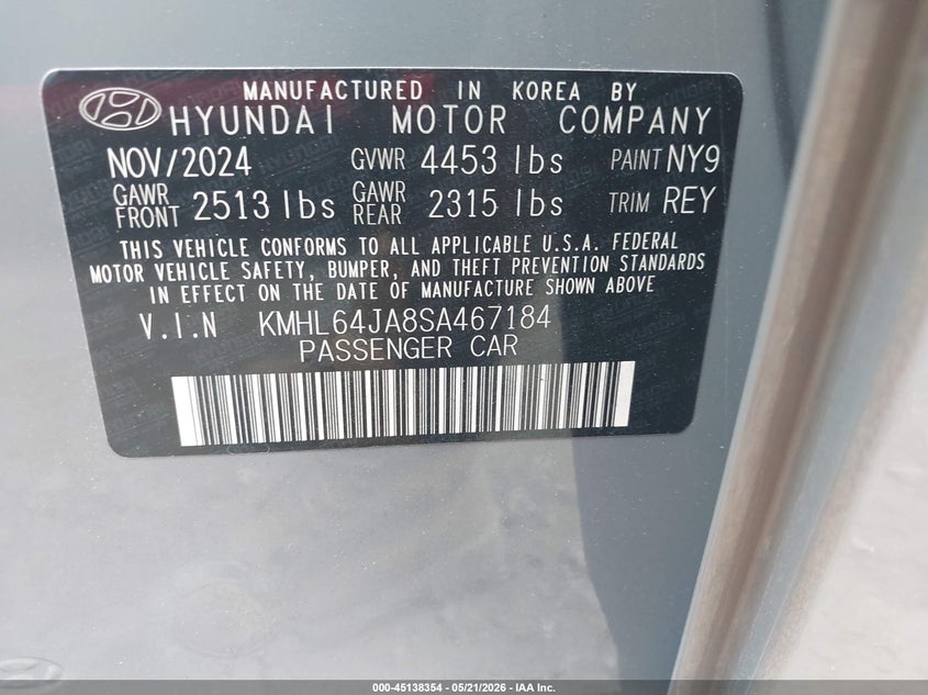 2025 Hyundai Sonata VIN KMHL64JA8SA467184 IAAI salvage auction — ALL OVER, Salvage (Georgia), sold $8,300 on 2026-07-09 (photo 9)