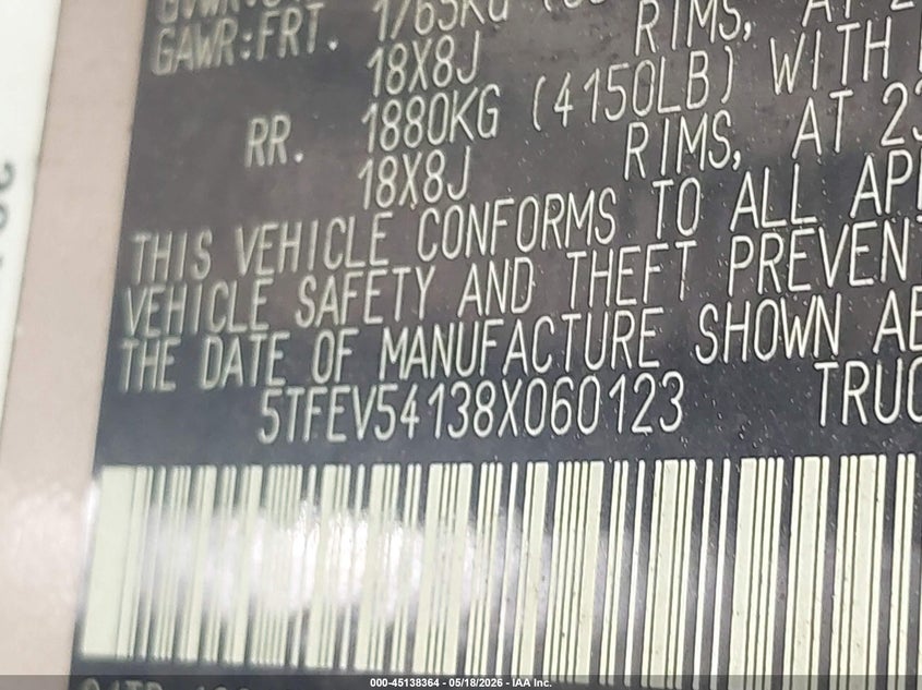 2008 Toyota Tundra VIN 5TFEV54138X060123 IAAI salvage auction — NORMAL WEAR, Salvage (Texas), sold $2,750 on 2026-07-24 (photo 9)