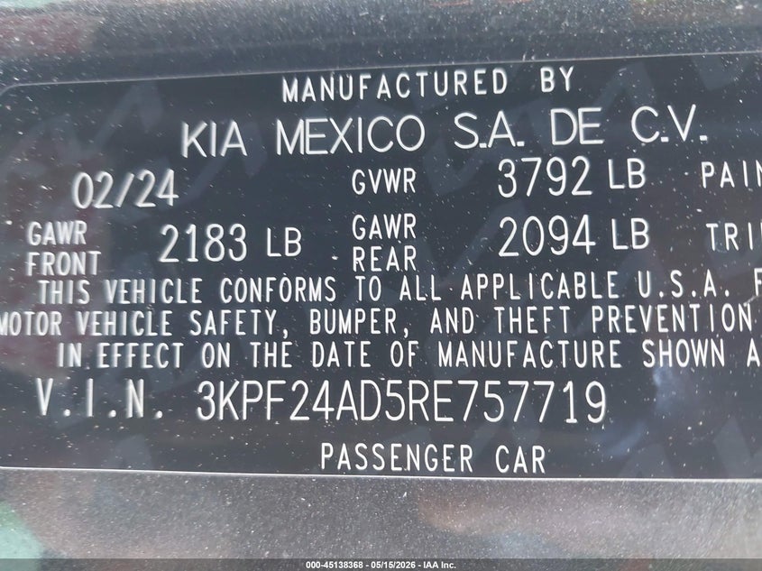 2024 Kia Forte VIN 3KPF24AD5RE757719 IAAI salvage auction — SIDE, Salvage (Virginia), sold $4,600 on 2026-07-19 (photo 9)
