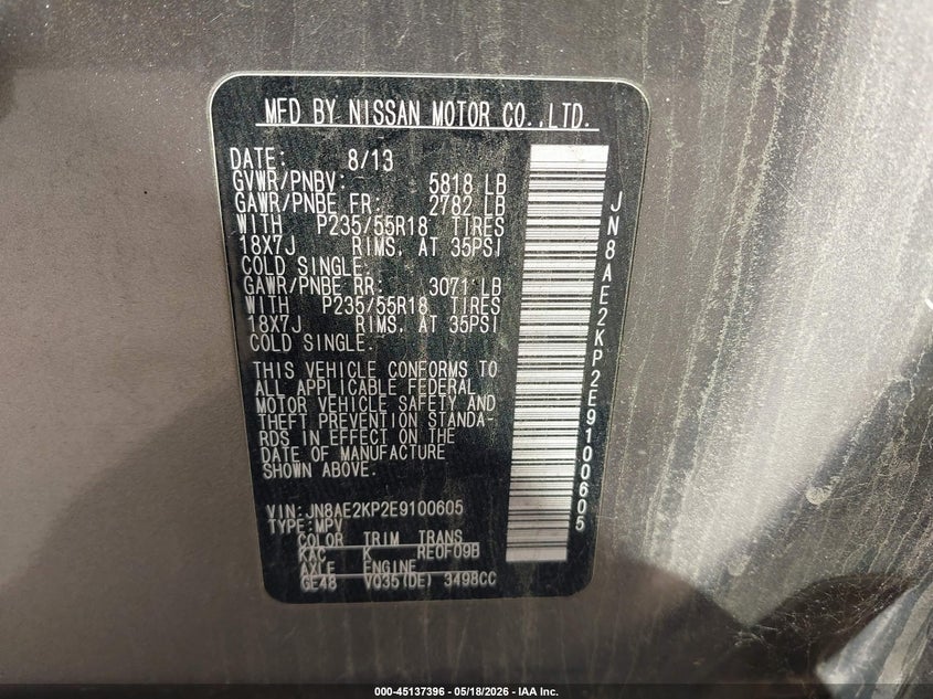 2014 Nissan Quest VIN JN8AE2KP2E9100605 IAAI salvage auction — NORMAL WEAR, Clear - Dealer Only (California), sold $400 on 2026-07-14 (photo 9)