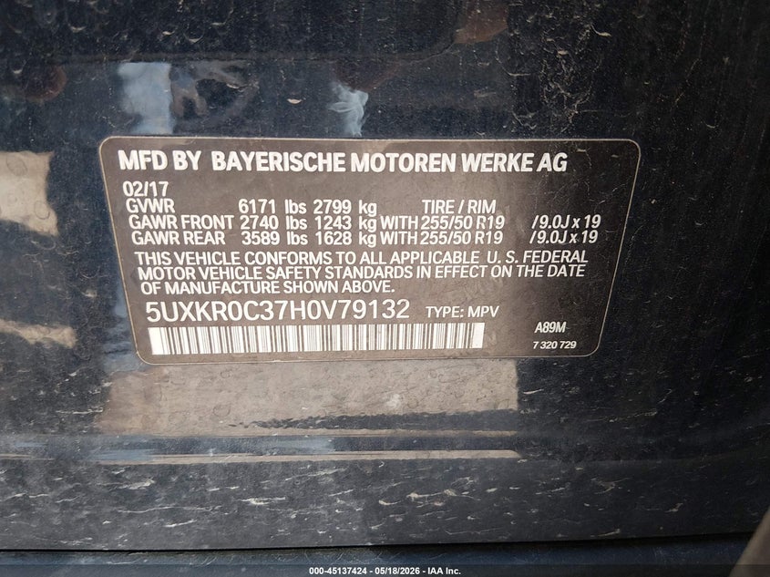 2017 BMW X5 VIN 5UXKR0C37H0V79132 IAAI salvage auction — FRONT END, Salvage (West Virginia), sold $4,325 on 2026-07-09 (photo 9)