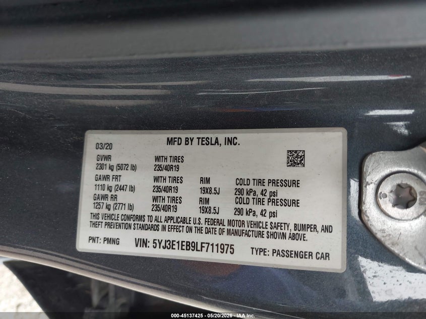 2020 Tesla Model 3 VIN 5YJ3E1EB9LF711975 IAAI salvage auction — LEFT SIDE, Salvage (Texas), sold $4,700 on 2026-07-16 (photo 9)