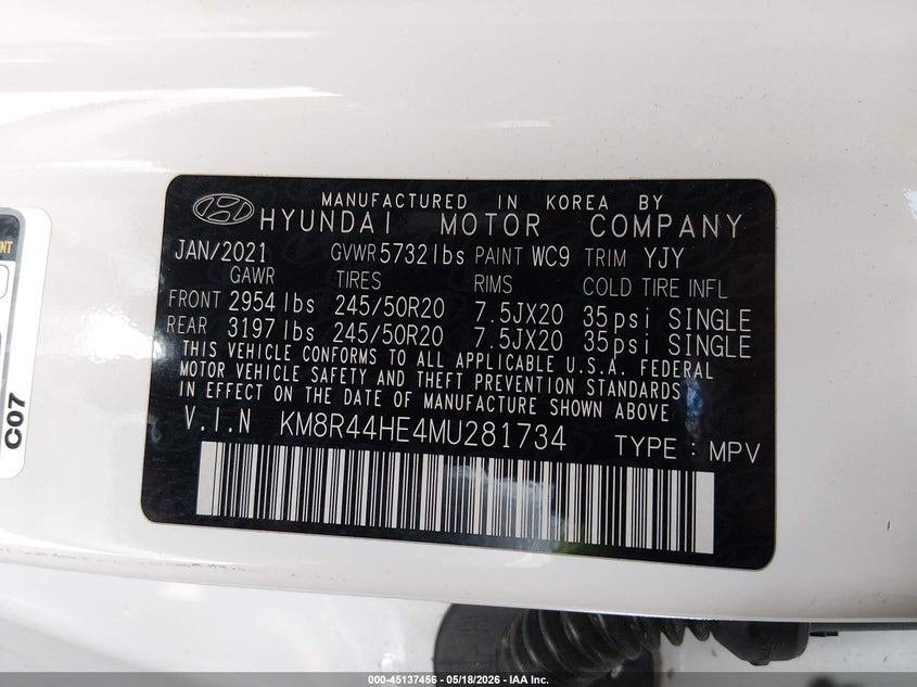 2021 Hyundai Palisade VIN KM8R44HE4MU281734 IAAI salvage auction — RIGHT REAR, Salvage (New Mexico), sold $7,650 on 2026-07-29 (photo 9)