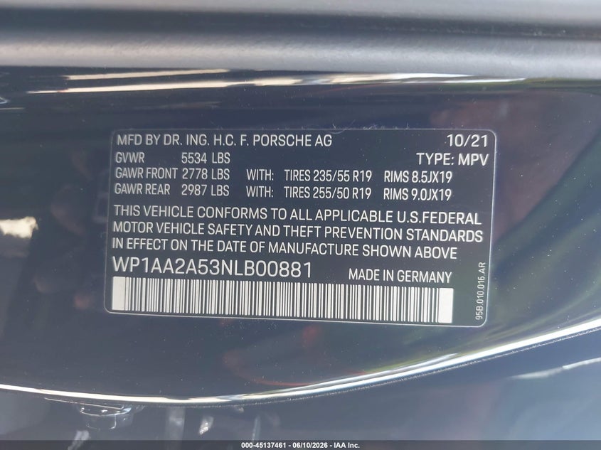 2022 Porsche Macan VIN WP1AA2A53NLB00881 IAAI salvage auction — FRONT END, Salvage (California), sold $20,350 on 2026-07-14 (photo 9)
