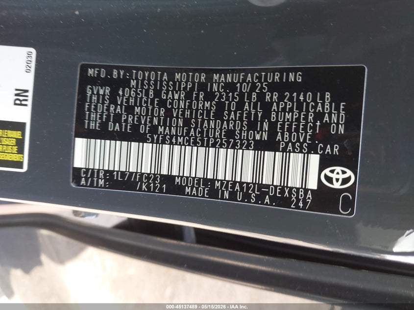 2026 Toyota Corolla VIN 5YFS4MCE5TP257323 IAAI salvage auction — FRONT END, Salvage (Ohio), sold $6,650 on 2026-07-18 (photo 9)