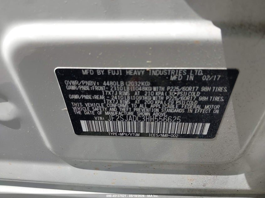2017 Subaru Forester VIN JF2SJADC3HH556625 IAAI salvage auction — FRONT END, Salvage (Virginia), sold $600 on 2026-07-07 (photo 9)