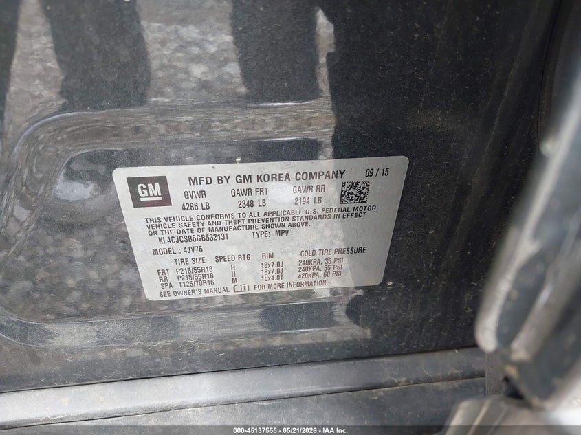 2016 Buick Encore VIN KL4CJCSB6GB532131 IAAI salvage auction — HAIL, Clear (Missouri), sold $1,350 on 2026-07-13 (photo 9)