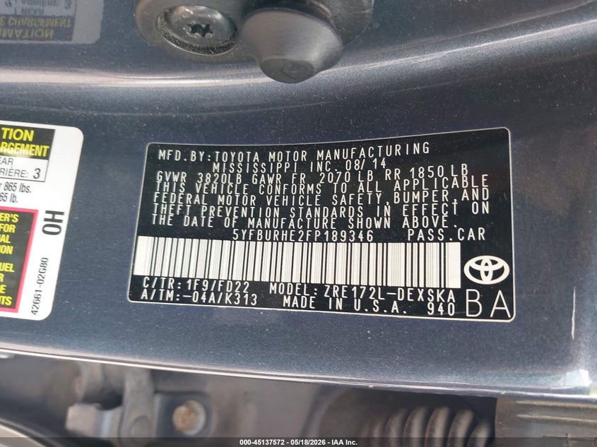 2015 Toyota Corolla VIN 5YFBURHE2FP189346 IAAI salvage auction — FRONT END, Salvage (Texas), sold $925 on 2026-08-01 (photo 9)