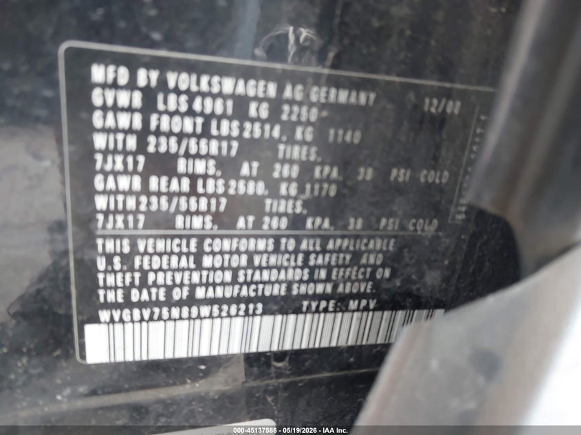 2009 Volkswagen Tiguan VIN WVGBV75N89W526213 IAAI salvage auction — FRESH WATER, Original (Texas), sold $250 on 2026-07-14 (photo 9)