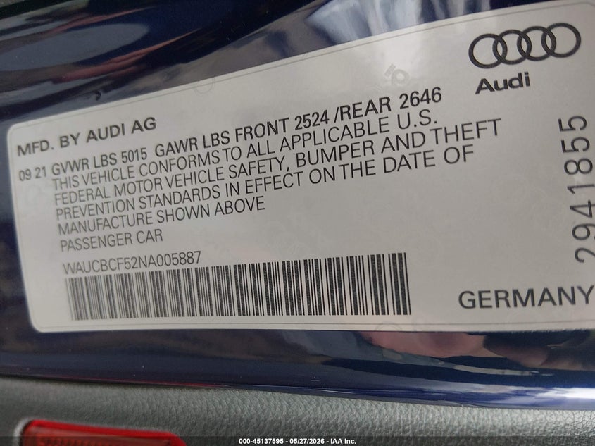 2022 Audi A5 VIN WAUCBCF52NA005887 IAAI salvage auction — FRONT END, Salvage Title, sold $7,200 on 2026-08-21 (photo 9)