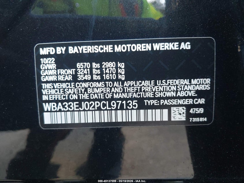 2023 BMW 7er VIN WBA33EJ02PCL97135 IAAI salvage auction — FRONT END, Mv-907A (New York), sold $20,700 on 2026-07-28 (photo 9)