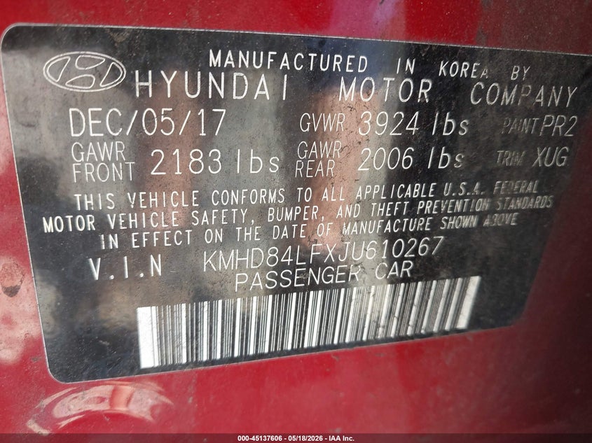 2018 Hyundai Elantra VIN KMHD84LFXJU610267 IAAI salvage auction — REAR END, Salvage (Virginia), sold $2,200 on 2026-07-13 (photo 9)