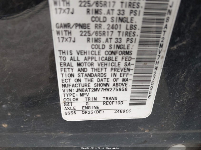 2017 Nissan Rogue VIN JN8AT2MV7HW275956 IAAI salvage auction — LEFT SIDE, Salvage (Texas), sold $1,525 on 2026-07-28 (photo 9)