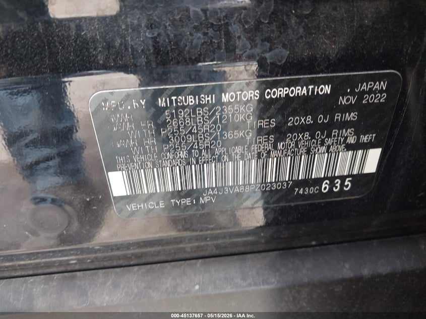 2023 Mitsubishi Outlander VIN JA4J3VA88PZ023037 IAAI salvage auction — REAR END, Original (Texas), sold $7,500 on 2026-07-27 (photo 9)