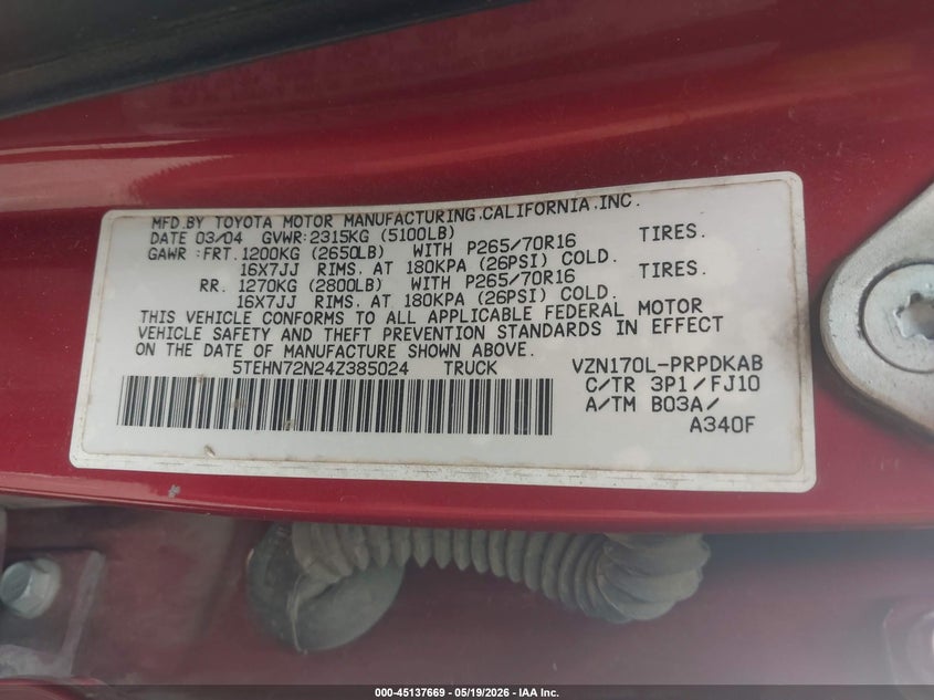2004 Toyota Tacoma VIN 5TEHN72N24Z385024 IAAI salvage auction — ROLLOVER, Salvage (Texas), sold $1,850 on 2026-07-13 (photo 9)