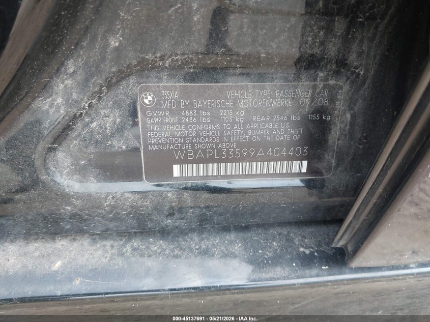 2009 BMW 3 series VIN WBAPL33599A404403 IAAI salvage auction — HAIL, Salvage (Iowa), sold $450 on 2026-07-29 (photo 9)