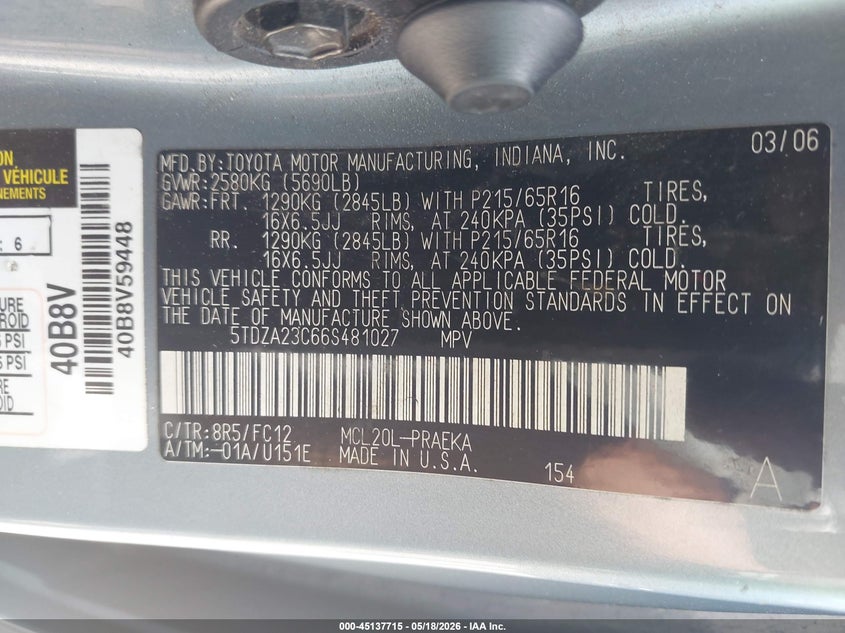 2006 Toyota Sienna VIN 5TDZA23C66S481027 IAAI salvage auction — REAR END, Salvage (Georgia), sold $325 on 2026-07-29 (photo 9)