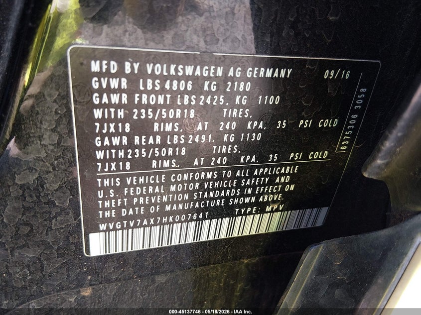 2017 Volkswagen Tiguan VIN WVGTV7AX7HK007641 IAAI salvage auction — FRONT & REAR, Salvage (South Carolina), sold $700 on 2026-08-04 (photo 9)