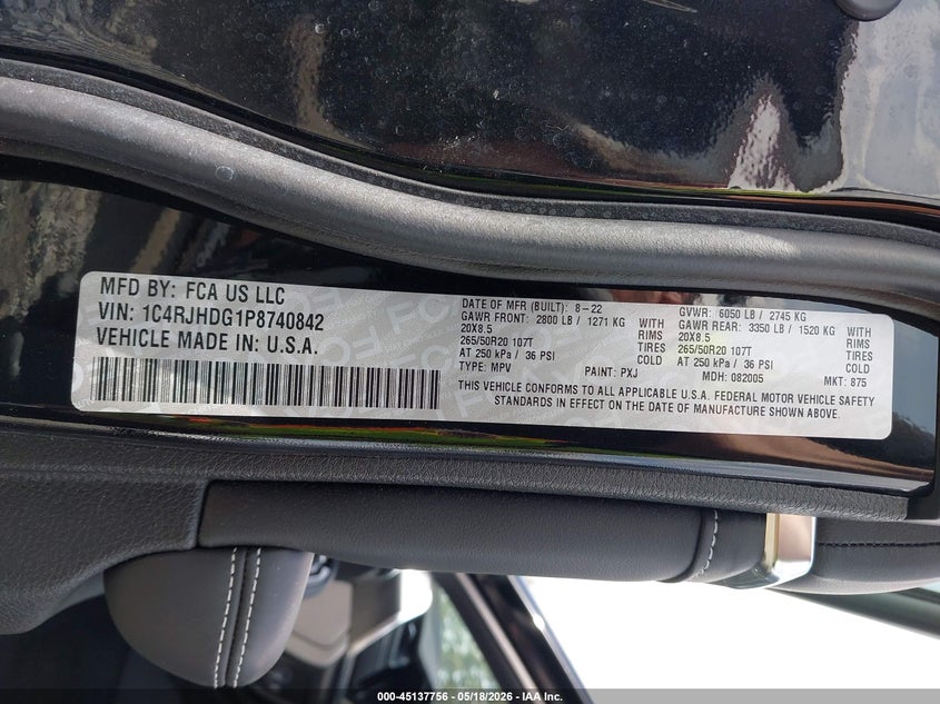 2023 Jeep Grand cherokee VIN 1C4RJHDG1P8740842 IAAI salvage auction — REAR END, Bill Of Sale (Washington), sold $21,600 on 2026-07-24 (photo 9)