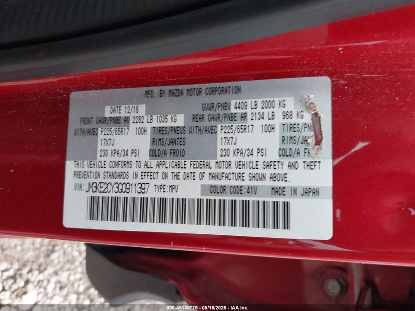 2016 Mazda Cx-5 VIN JM3KE2CY3G0911397 IAAI salvage auction — HAIL, Clear (Missouri), sold $2,250 on 2026-07-06 (photo 9)