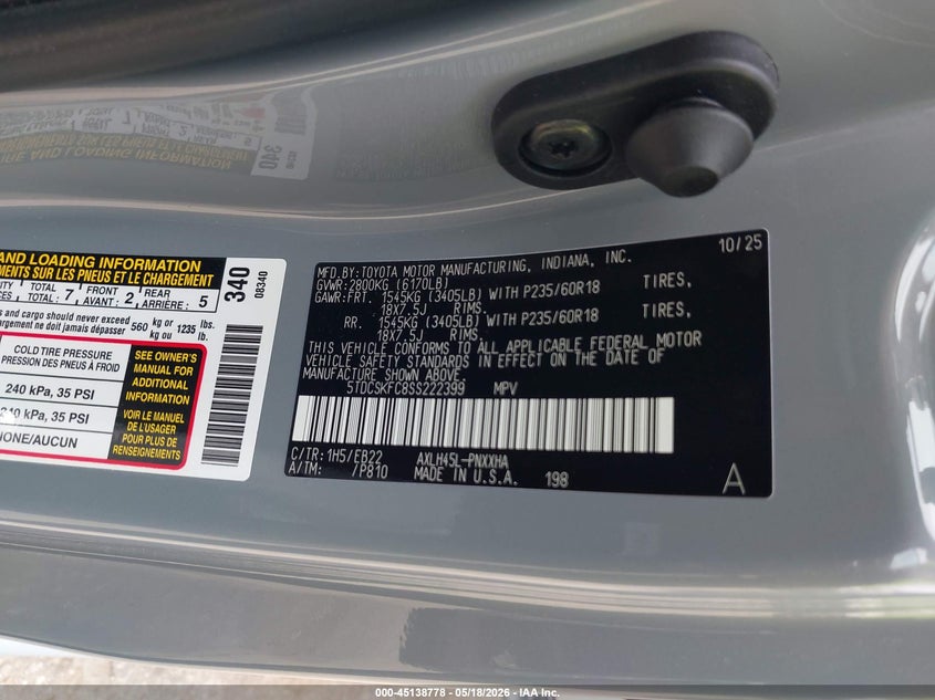 2025 Toyota Sienna VIN 5TDCSKFC8SS222399 IAAI salvage auction — FRONT END, Original (Texas), sold $26,675 on 2026-07-08 (photo 9)