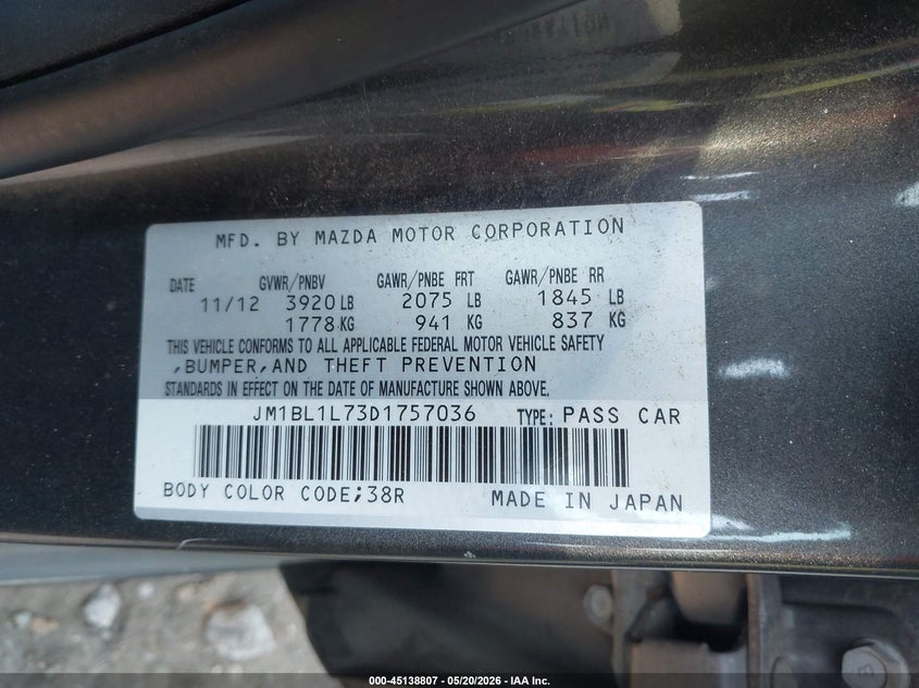2013 Mazda 3 VIN JM1BL1L73D1757036 IAAI salvage auction — FRONT & REAR, Salvage (Georgia), sold $250 on 2026-07-10 (photo 9)