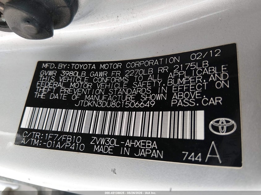 2012 Toyota Prius VIN JTDKN3DU8C1506649 IAAI salvage auction — FRONT & REAR, Salvage (Illinois), sold $900 on 2026-07-17 (photo 9)
