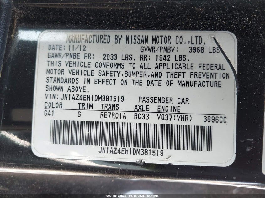 2013 Nissan 370z VIN JN1AZ4EH1DM381519 IAAI salvage auction — THEFT, Salvage (California), sold $950 on 2026-07-23 (photo 9)