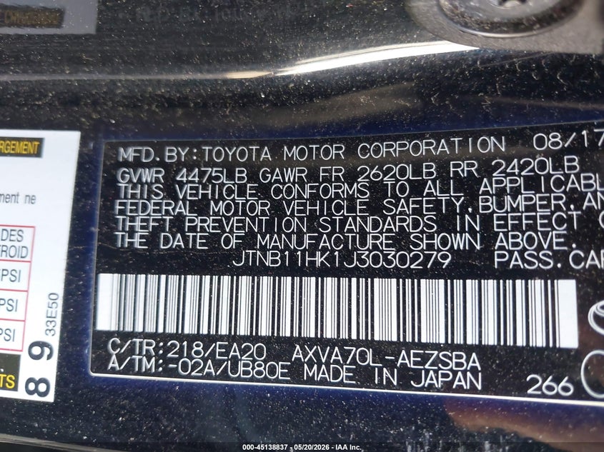 2018 Toyota Camry VIN JTNB11HK1J3030279 IAAI salvage auction — LEFT FRONT, Salvage (Virginia), sold $2,475 on 2026-07-14 (photo 9)