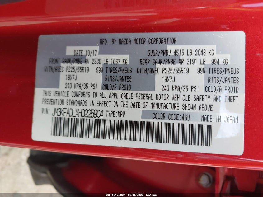 2017 Mazda Cx-5 VIN JM3KFADLXH0225904 IAAI salvage auction — FRONT END, Rebuildable (Florida), sold $4,550 on 2026-07-20 (photo 9)