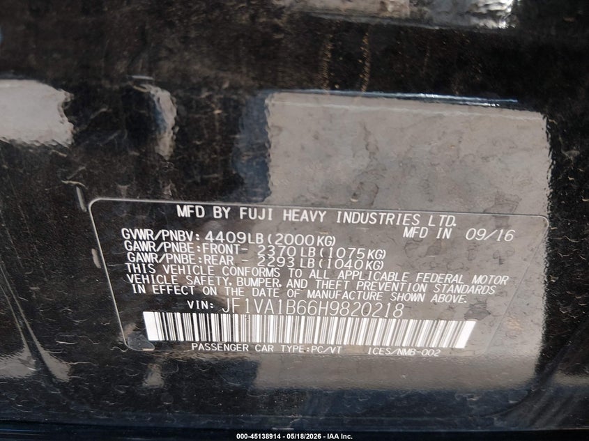 2017 Subaru Wrx VIN JF1VA1B66H9820218 IAAI salvage auction — LEFT REAR, Salvage (Texas), sold $4,000 on 2026-07-08 (photo 9)