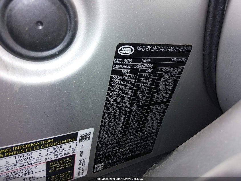 2019 Land rover Range rover velar VIN SALYL2EX4KA227791 IAAI salvage auction — RIGHT REAR, Bill Of Sale (Washington), sold $12,000 on 2026-07-22 (photo 9)