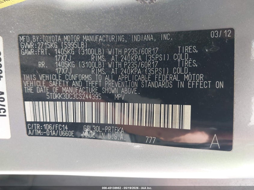 2012 Toyota Sienna VIN 5TDKK3DC3CS244395 IAAI salvage auction — FRONT END, Clear (Indiana), sold $2,300 on 2026-07-15 (photo 9)