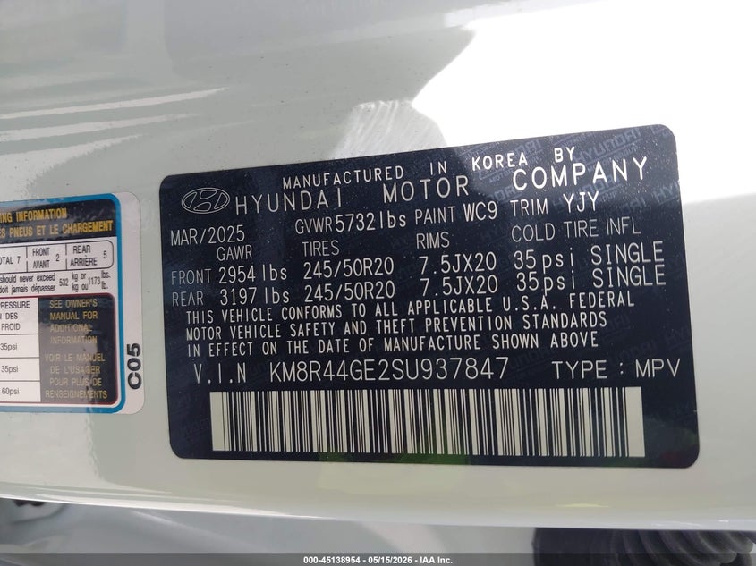 2025 Hyundai Palisade VIN KM8R44GE2SU937847 IAAI salvage auction — FRONT END, Salvage (Texas), sold $17,800 on 2026-07-29 (photo 9)